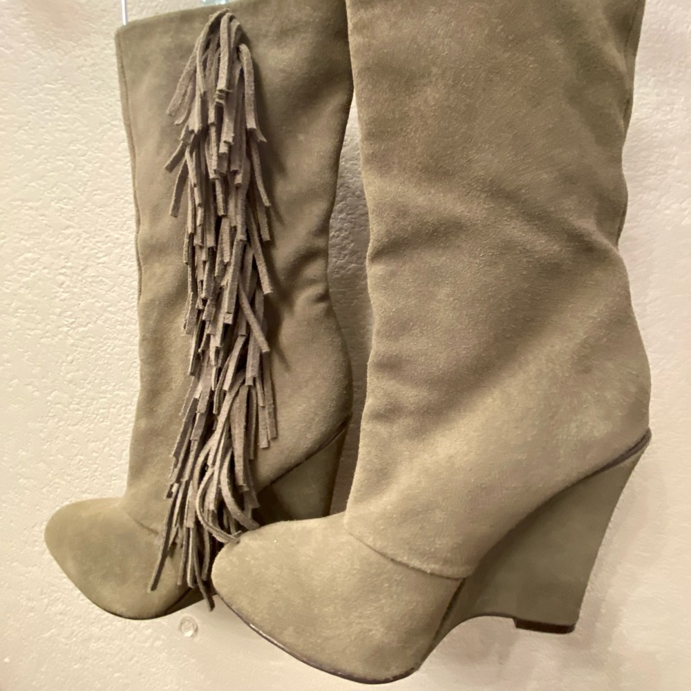 Leather Grey Fringe High Heel Boot, Fun and Flirty